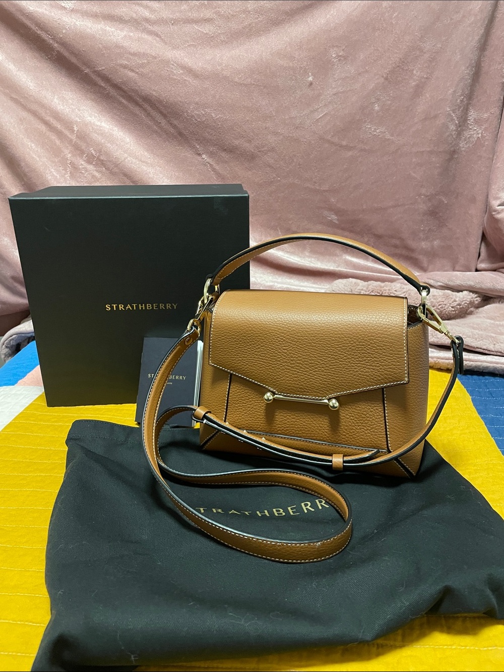 Strathberry Mosaic Tan Leather Satchel with Gold Hardware